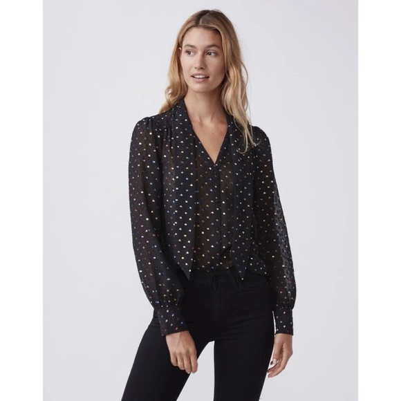NWT!! PAIGE Cleobelle Black Metallic Tie Neck Top Blouse Rainbow Clip Dot XS - Picture 1 of 16